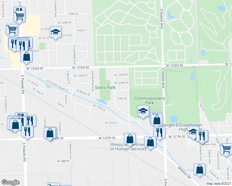 map of restaurants, bars, coffee shops, grocery stores, and more near 3433 W 124th Pl in Chicago