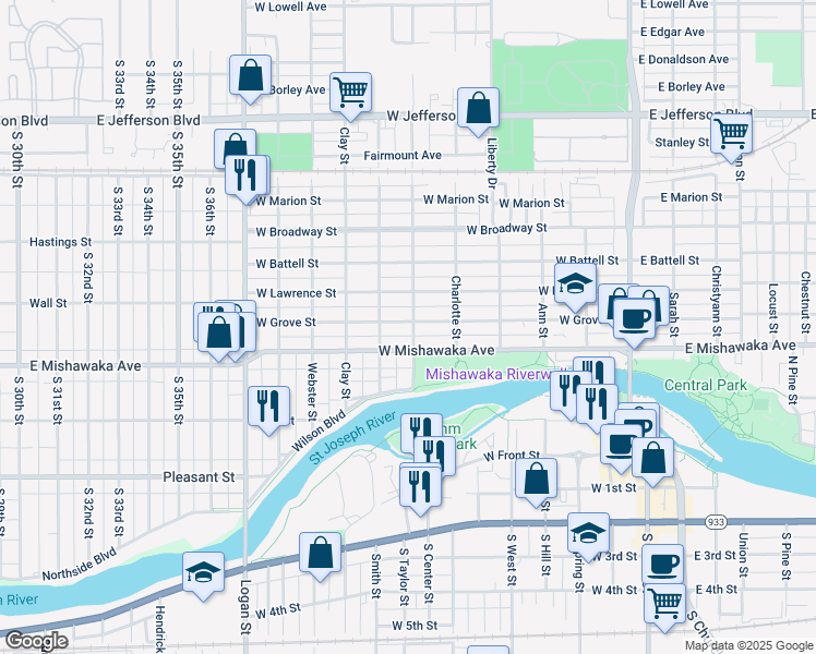 map of restaurants, bars, coffee shops, grocery stores, and more near 601 West Grove Street in Mishawaka
