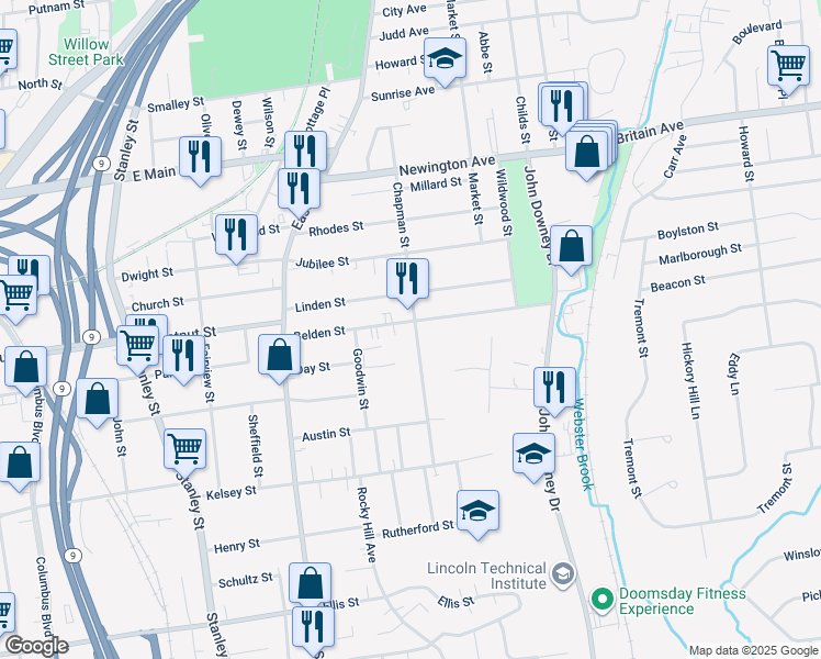map of restaurants, bars, coffee shops, grocery stores, and more near 123 Belden Street in New Britain