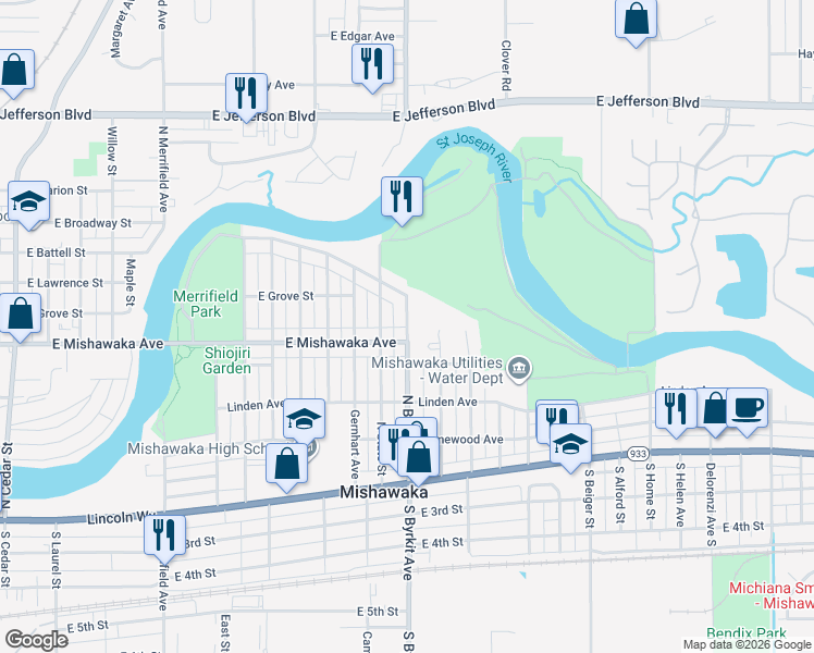 map of restaurants, bars, coffee shops, grocery stores, and more near 423 Miami Club Court in Mishawaka