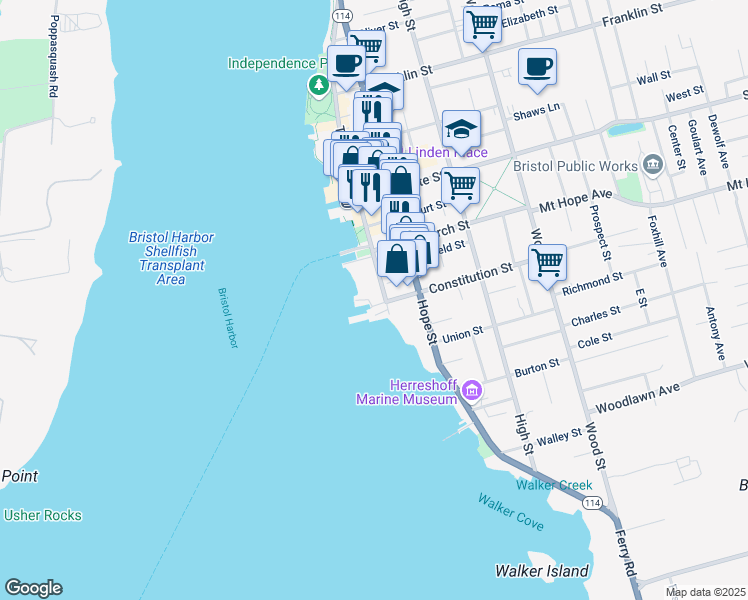 map of restaurants, bars, coffee shops, grocery stores, and more near 125 Thames Street in Bristol