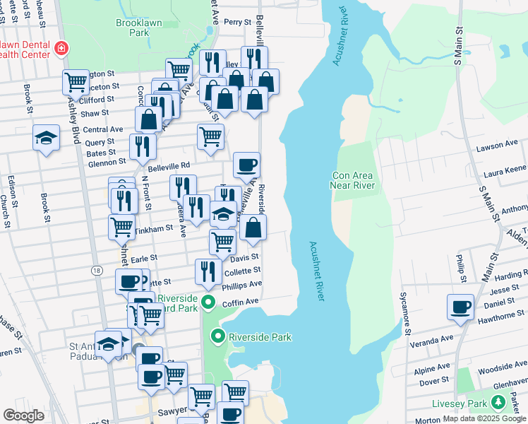 map of restaurants, bars, coffee shops, grocery stores, and more near 170 Riverside Avenue in New Bedford
