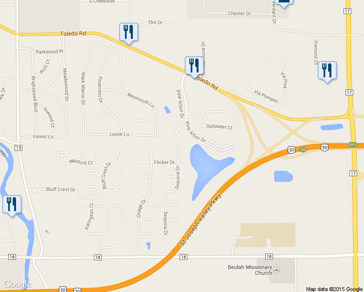 map of restaurants, bars, coffee shops, grocery stores, and more near 57012 Sequoia Drive in Goshen