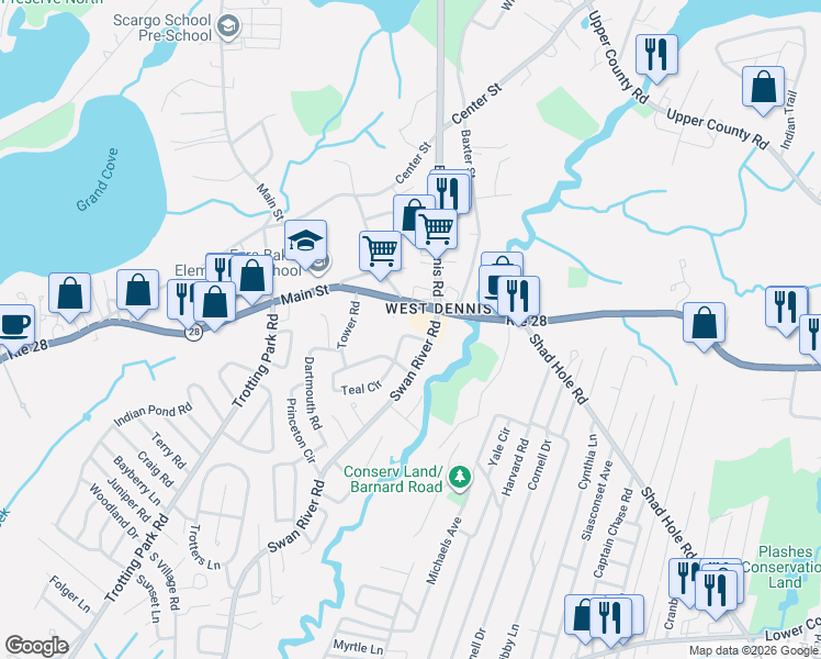 map of restaurants, bars, coffee shops, grocery stores, and more near 10 Spoonbill Road in Dennis