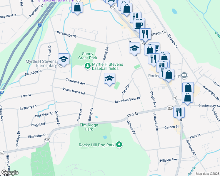map of restaurants, bars, coffee shops, grocery stores, and more near 144 Bailey Road in Rocky Hill