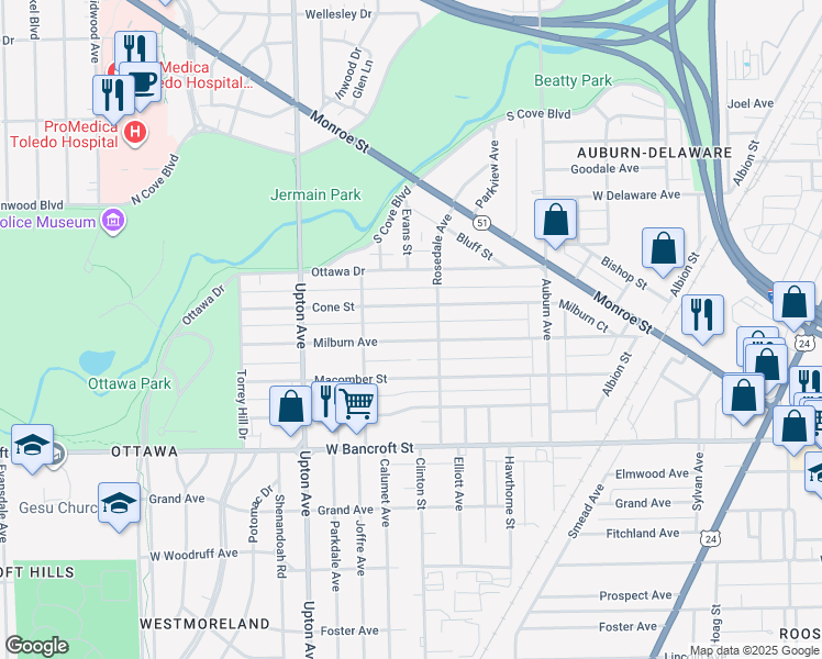 map of restaurants, bars, coffee shops, grocery stores, and more near 1718 Milburn Avenue in Toledo
