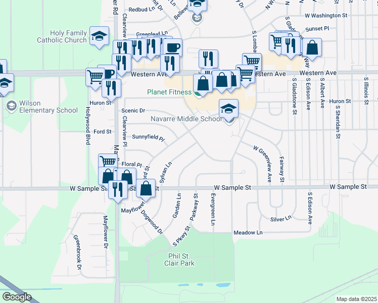 map of restaurants, bars, coffee shops, grocery stores, and more near 726 Sylvan Lane in South Bend