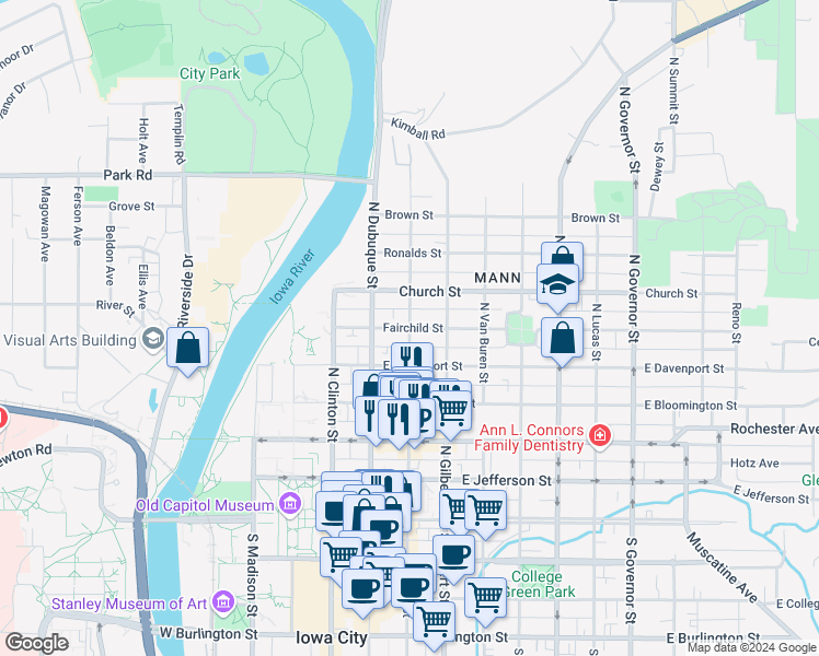 map of restaurants, bars, coffee shops, grocery stores, and more near North Linn Street in Iowa City