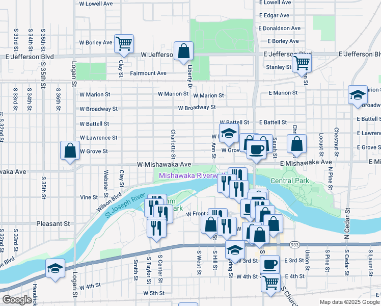map of restaurants, bars, coffee shops, grocery stores, and more near 411 West Grove Street in Mishawaka