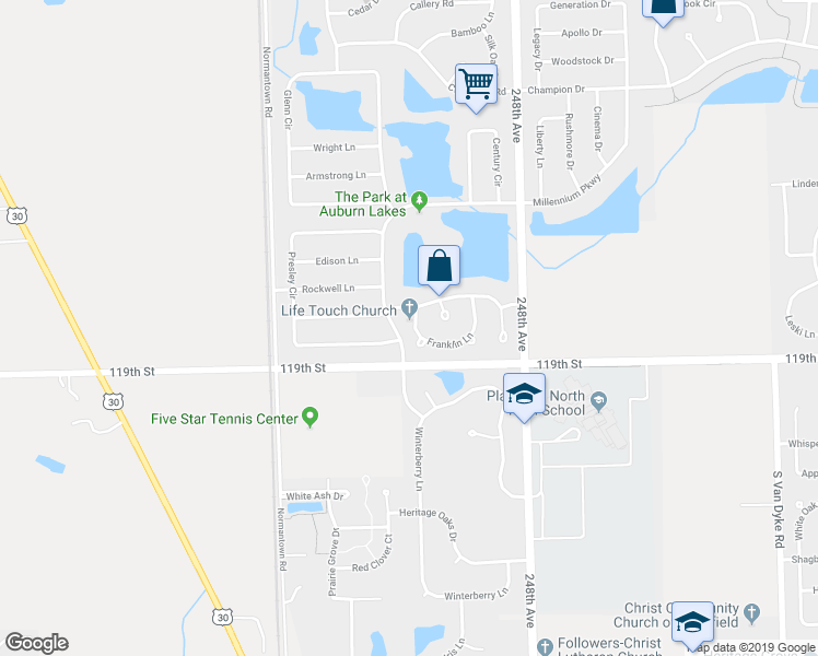 map of restaurants, bars, coffee shops, grocery stores, and more near 24959 Franklin Lane in Plainfield
