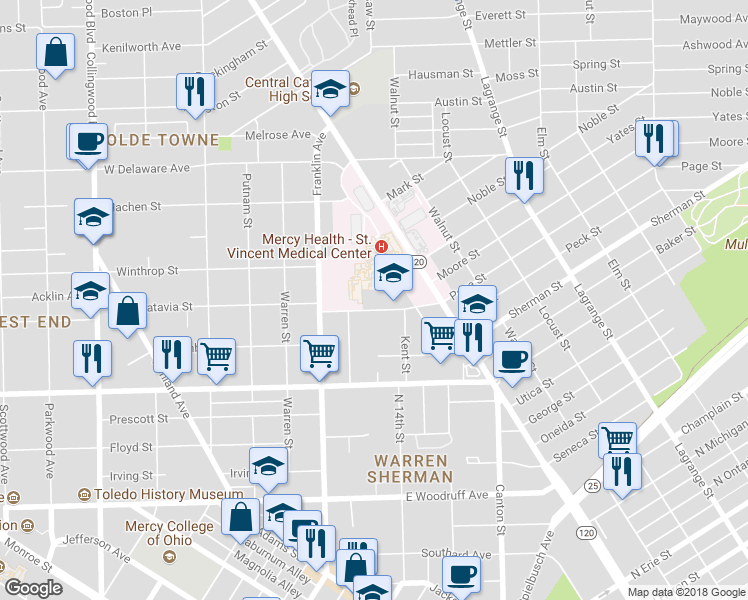 map of restaurants, bars, coffee shops, grocery stores, and more near 219 Page Street in Toledo