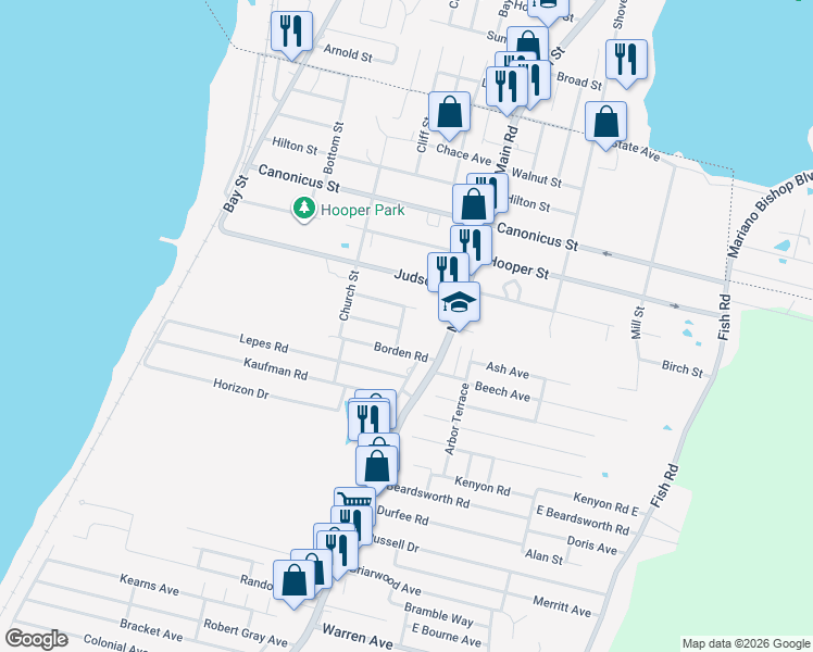 map of restaurants, bars, coffee shops, grocery stores, and more near 30 Robert St in Tiverton