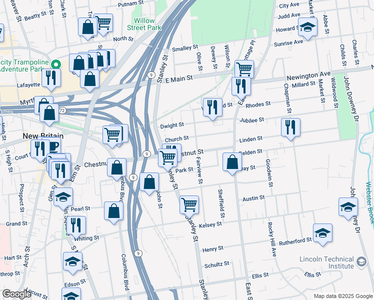 map of restaurants, bars, coffee shops, grocery stores, and more near 340 Chestnut Street in New Britain