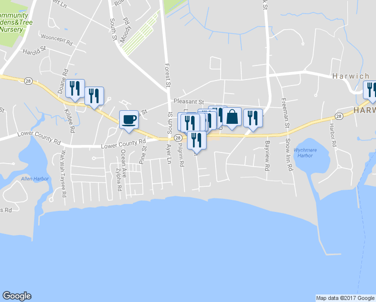 map of restaurants, bars, coffee shops, grocery stores, and more near 40 Sea Street in Harwich