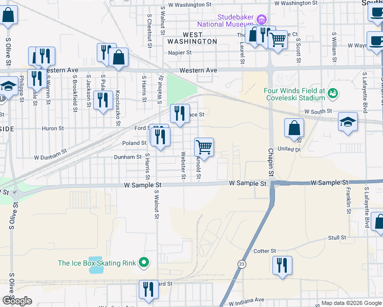 map of restaurants, bars, coffee shops, grocery stores, and more near 1211 Dunham Street in South Bend
