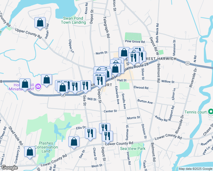 map of restaurants, bars, coffee shops, grocery stores, and more near 645 Main Street in Dennis
