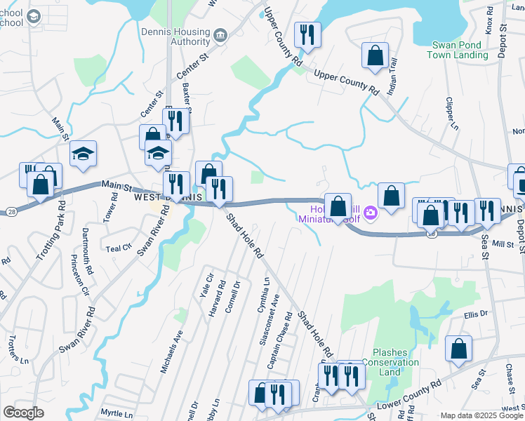map of restaurants, bars, coffee shops, grocery stores, and more near 143 Massachusetts 28 in Dennis