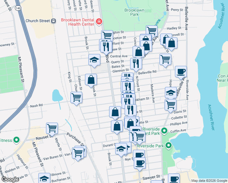 map of restaurants, bars, coffee shops, grocery stores, and more near 214 Whitman Street in New Bedford