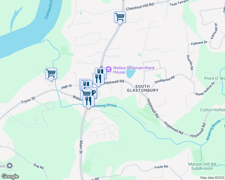 map of restaurants, bars, coffee shops, grocery stores, and more near 36 Hopewell Road in Glastonbury
