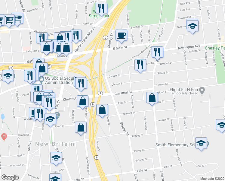 map of restaurants, bars, coffee shops, grocery stores, and more near 699 Stanley Street in New Britain