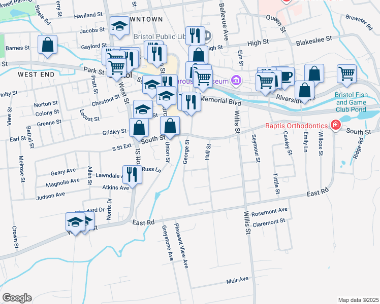 map of restaurants, bars, coffee shops, grocery stores, and more near 31 George Street in Bristol