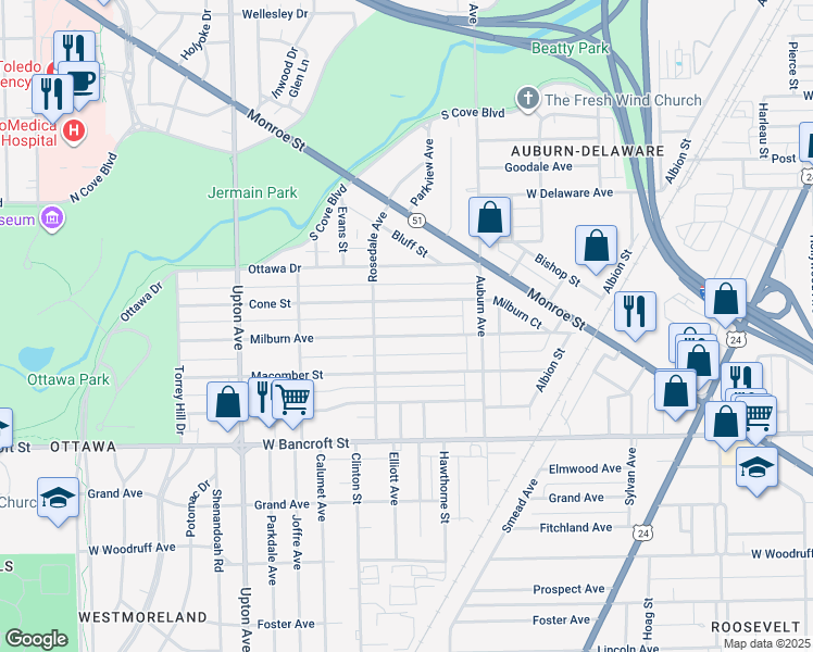 map of restaurants, bars, coffee shops, grocery stores, and more near 1618 Milburn Avenue in Toledo