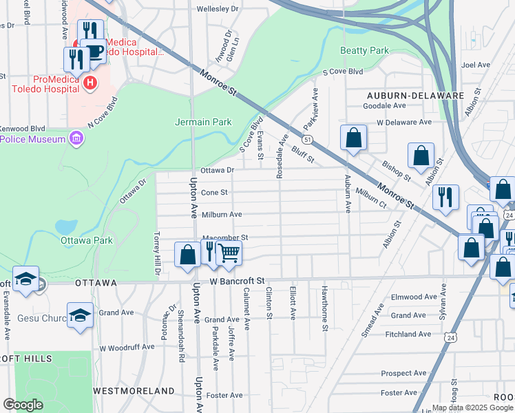 map of restaurants, bars, coffee shops, grocery stores, and more near 1718 Milburn Avenue in Toledo