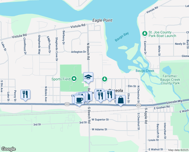 map of restaurants, bars, coffee shops, grocery stores, and more near 405 North Lamport Street in Osceola
