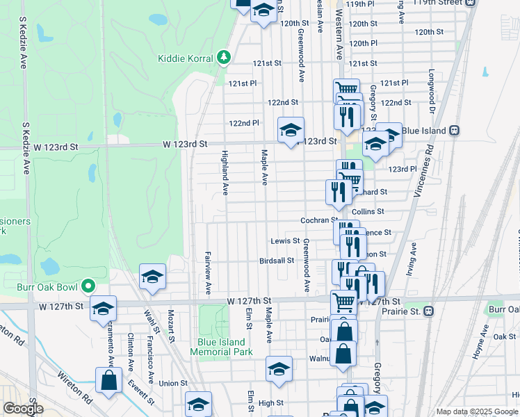map of restaurants, bars, coffee shops, grocery stores, and more near 12438 Maple Avenue in Blue Island