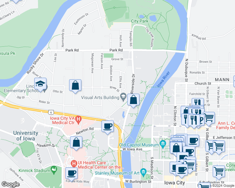 map of restaurants, bars, coffee shops, grocery stores, and more near 202 Ellis Avenue in Iowa City