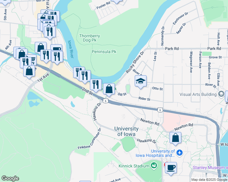 map of restaurants, bars, coffee shops, grocery stores, and more near 30 Rocky Shore Dr in Iowa City