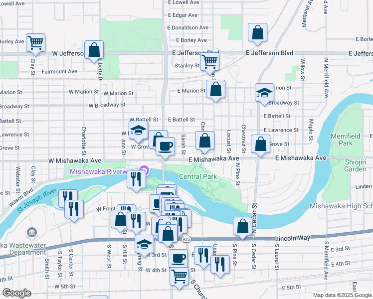 map of restaurants, bars, coffee shops, grocery stores, and more near 201 East Grove Street in Mishawaka