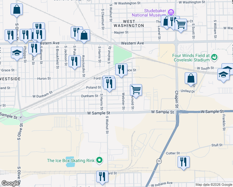 map of restaurants, bars, coffee shops, grocery stores, and more near 1325 Dunham Street in South Bend
