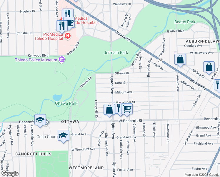 map of restaurants, bars, coffee shops, grocery stores, and more near 2307 Upton Avenue in Toledo