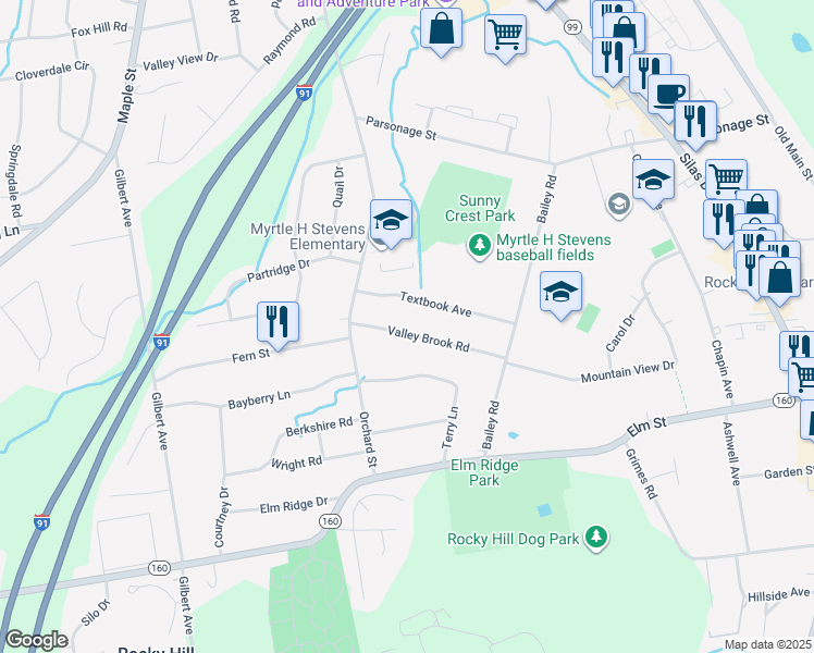 map of restaurants, bars, coffee shops, grocery stores, and more near 28 Valley Brook Road in Rocky Hill