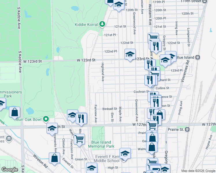 map of restaurants, bars, coffee shops, grocery stores, and more near 2645 Collins Street in Blue Island