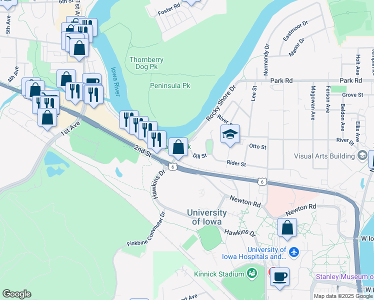 map of restaurants, bars, coffee shops, grocery stores, and more near 30 Rocky Shore Dr in Iowa City