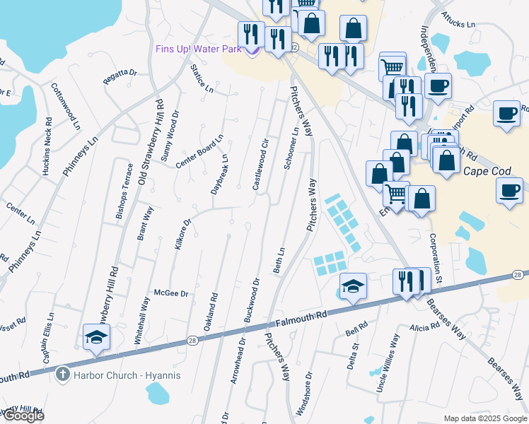 map of restaurants, bars, coffee shops, grocery stores, and more near 35 Buckwood Drive in Barnstable