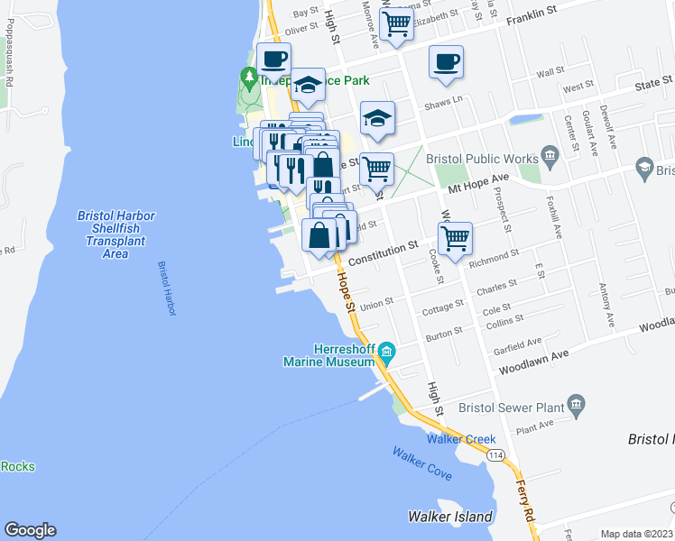 map of restaurants, bars, coffee shops, grocery stores, and more near 265 Hope Street in Bristol