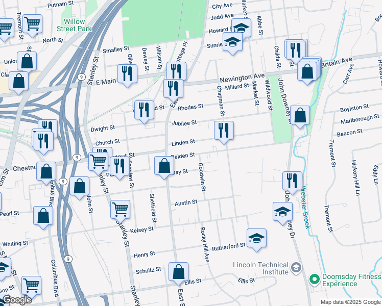 map of restaurants, bars, coffee shops, grocery stores, and more near 52 Belden St in New Britain