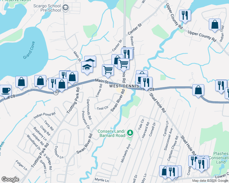 map of restaurants, bars, coffee shops, grocery stores, and more near 12 Spoonbill Road in Dennis