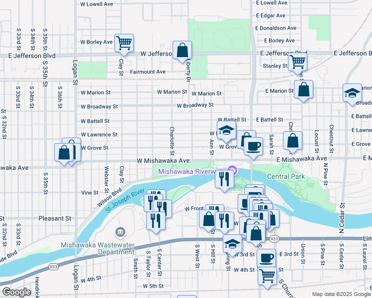 map of restaurants, bars, coffee shops, grocery stores, and more near 411 West Grove Street in Mishawaka