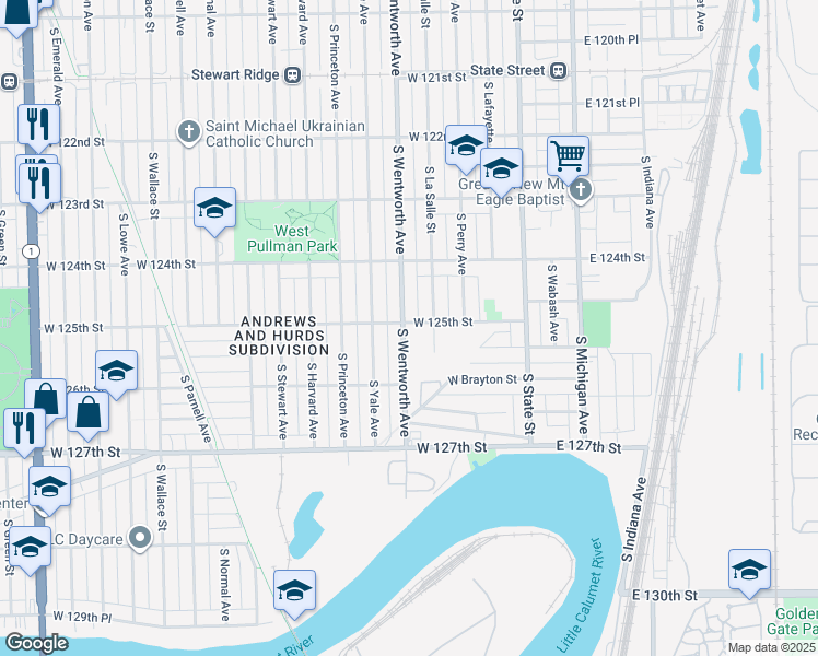 map of restaurants, bars, coffee shops, grocery stores, and more near 12501 South Wentworth Avenue in Chicago
