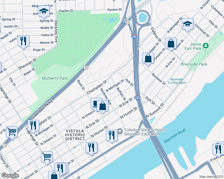 map of restaurants, bars, coffee shops, grocery stores, and more near 1630 North Michigan Street in Toledo