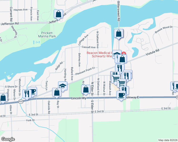 map of restaurants, bars, coffee shops, grocery stores, and more near 4109 Pleasant Point Court in Mishawaka
