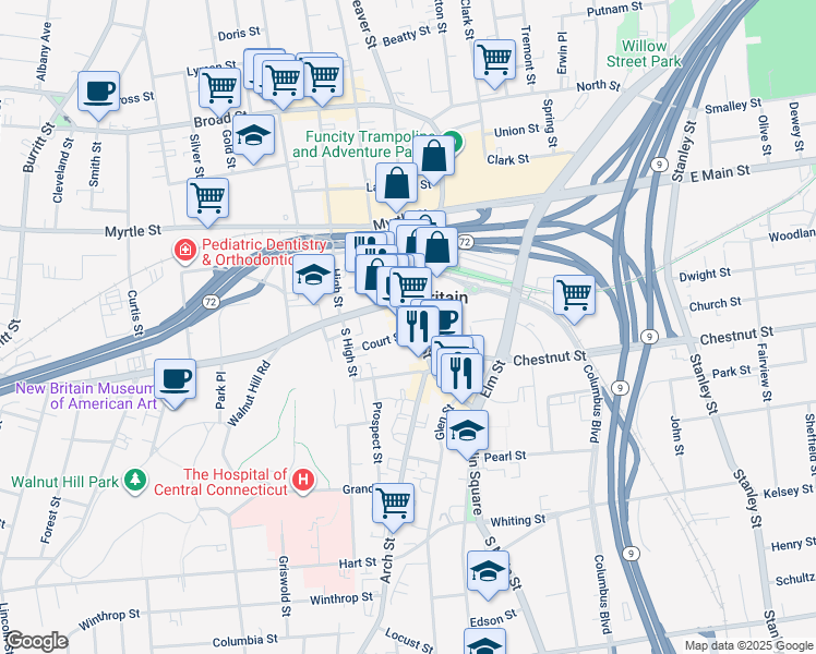 map of restaurants, bars, coffee shops, grocery stores, and more near 222 Main Street in New Britain