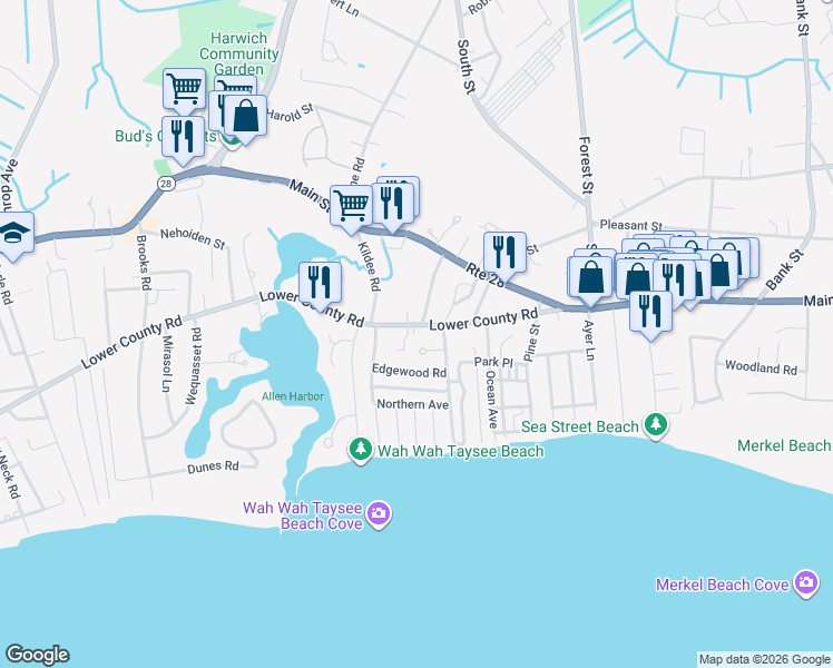 map of restaurants, bars, coffee shops, grocery stores, and more near 407 Lower County Road in Harwich
