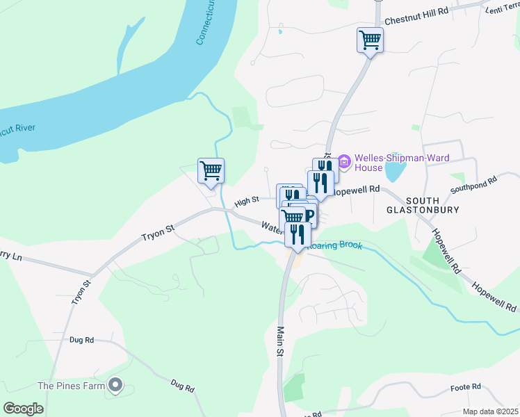 map of restaurants, bars, coffee shops, grocery stores, and more near 56 Water Street in Glastonbury