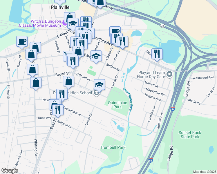 map of restaurants, bars, coffee shops, grocery stores, and more near 81 East Broad Street in Plainville