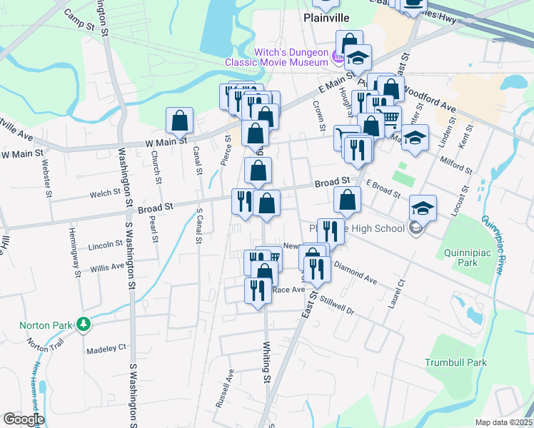 map of restaurants, bars, coffee shops, grocery stores, and more near 92 Whiting Street in Plainville